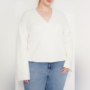 NWT Good American V-Neck Boxy Cotton Blend Sweater in Ivory Size 2X/3X